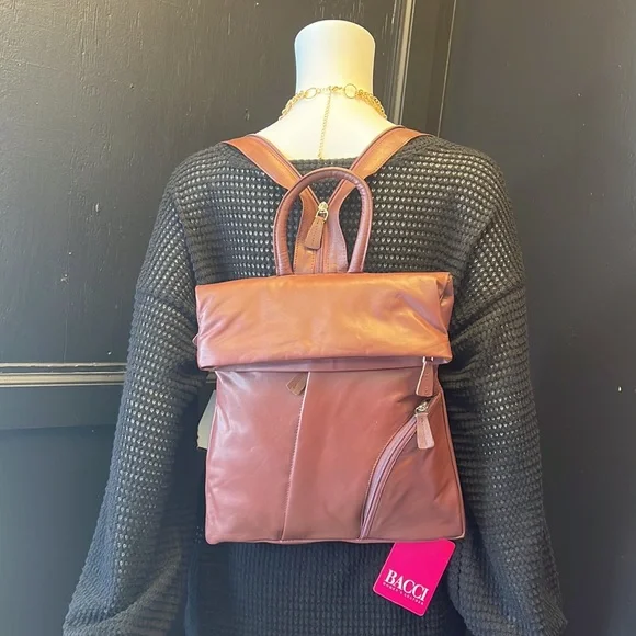 Burgundy 100% Leather 5 compartment mini backpack with adjustable straps - Picture 2 of 7